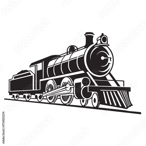 Vintage steam locomotive with tender on railroad tracks black and white illustration steam engine