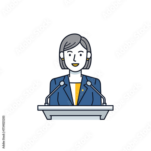 A woman in a blue suit stands behind a podium with microphones, speaking.