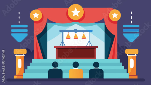 A stage with a podium and three people sitting in the audience. The stage is decorated with red curtains and a star