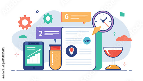 A colorful image of a table with a cell phone, a tablet, a pen, a glass, and a bottle