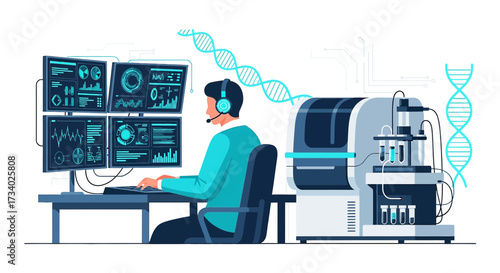 Illustration of a scientist analyzing data in a lab with advanced technology and dna strands