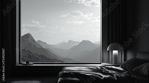 Monochrome Mountain View from a Modern Bedroom Window.