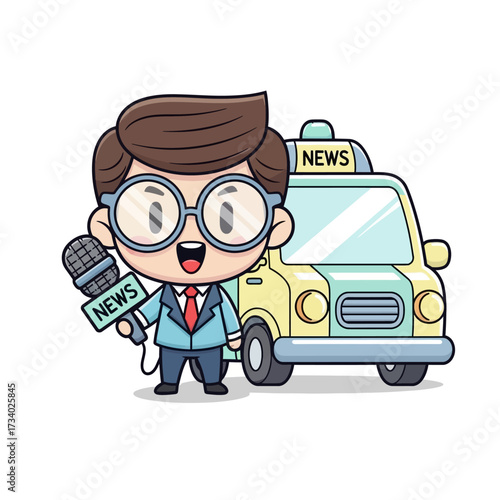 A cute cartoon journalist boy in a suit and glasses holds a news microphone, standing in front of a news van.
