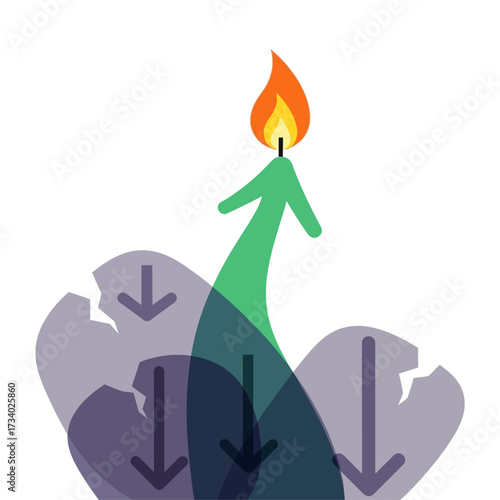 An illustration depicting a candle-shaped arrow rising above broken shapes, symbolizing growth.