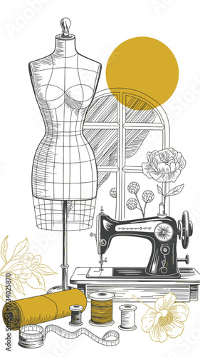Vintage Sewing Workspace with Elegant Gold Accents