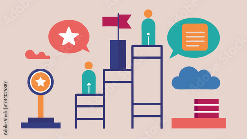 A cartoon image of a group of people standing on a ladder with a flag in the middle. The flag is surrounded by a star and a cloud. The people are talking to each other
