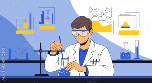 Illustration of a scientist conducting experiment in lab coat and protective glasses depicting