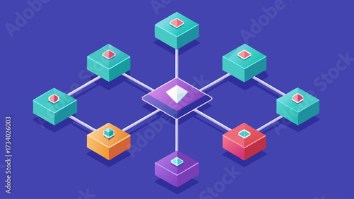 A colorful network of cubes is displayed on a blue background. The cubes are arranged in a grid pattern, with some cubes being larger than others. Scene is one of complexity and interconnectedness