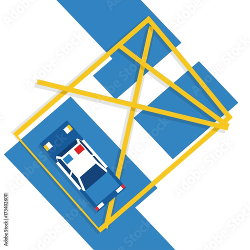 Top-down view of a pixelated police car within an abstract yellow and blue geometric design.