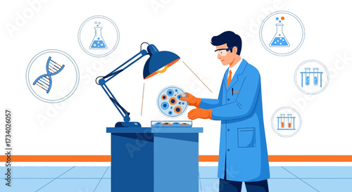 Illustration of a scientist examining cell cultures in a laboratory environment research