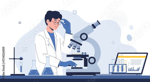 Illustration of a scientist in a lab coat using a microscope with technology around