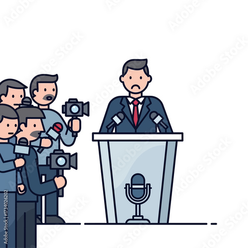 Cartoon illustration of a politician at a podium with reporters holding microphones and cameras.