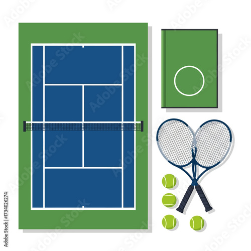 Overhead view of a tennis court, rackets, and tennis balls.
