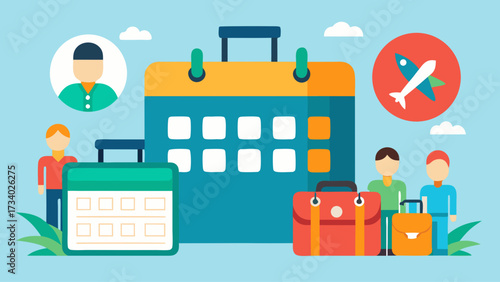 A colorful calendar with a suitcase and a backpack on it. The calendar is for a trip and the people in the image are travelers