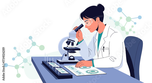 Illustration of a scientist using a microscope in a laboratory setting for research purposes