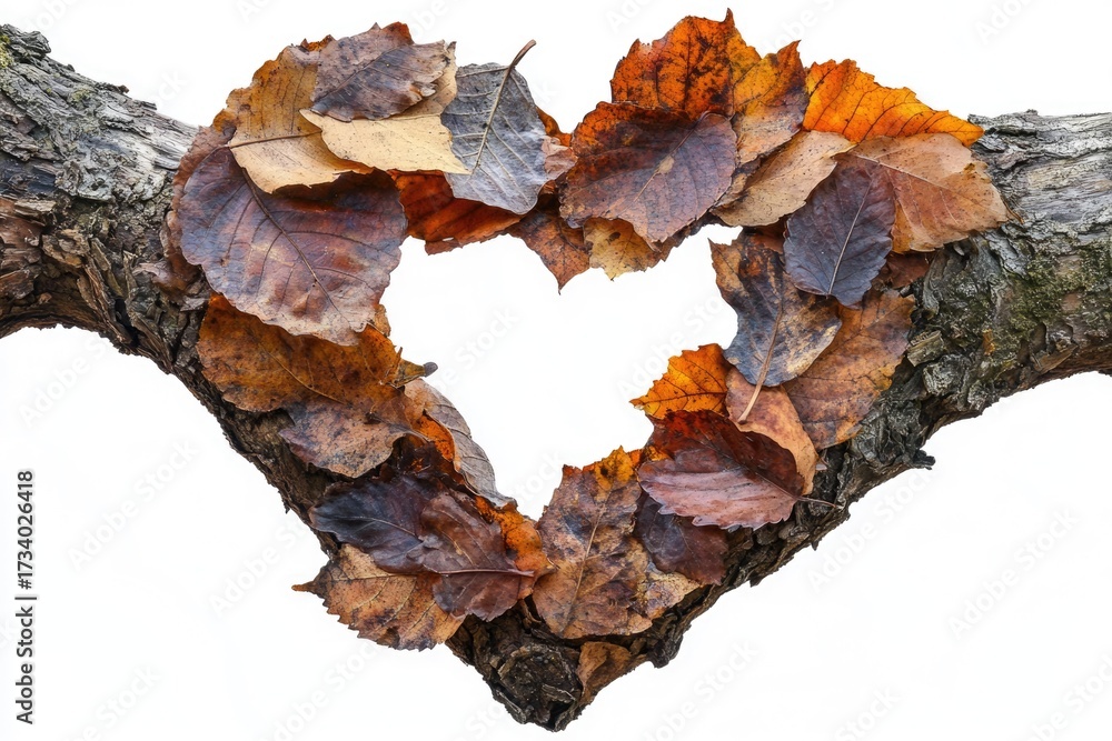 Fototapeta premium Fallen autumn leaves artfully form a heart shape around a gnarled tree branch, symbolizing nature's enduring love in fall.
