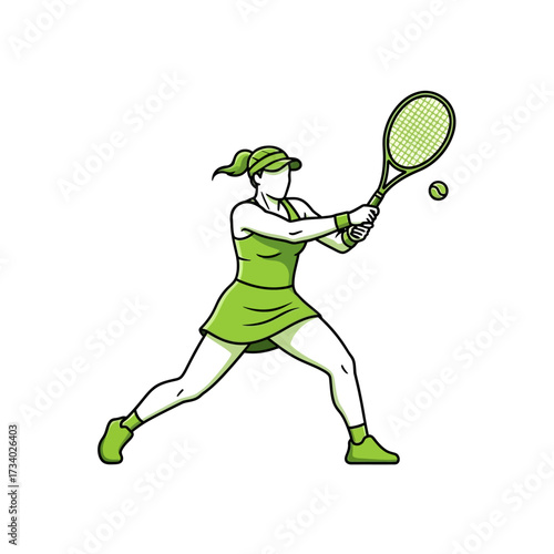 A dynamic illustration of a female tennis player in a green outfit hitting a tennis ball with a racket on a white background.