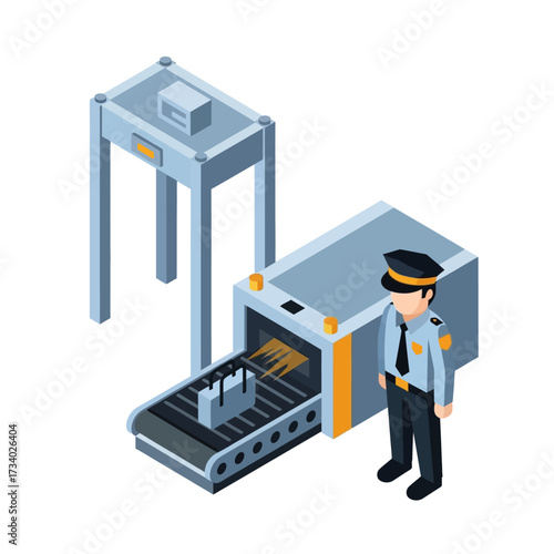 Isometric illustration of a security checkpoint with a guard and baggage scanner.