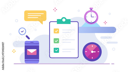 A white background with a blue and green clipboard with a clock on it. The clipboard has a yellow and green check mark on it