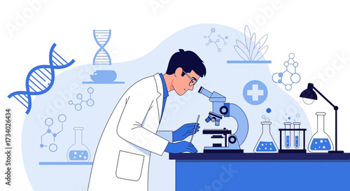 Illustration of a scientist working in a laboratory with scientific equipment for research and