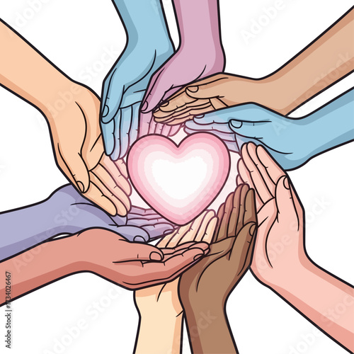 Diverse hands surrounding a glowing heart, symbolizing unity and support.