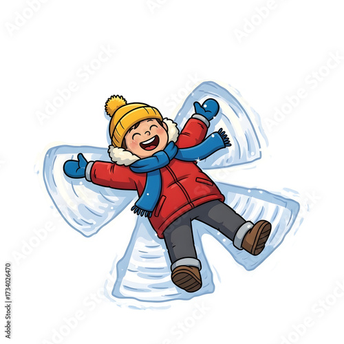 A joyful child in a red jacket and yellow hat making a snow angel on a white background during winter, illustration