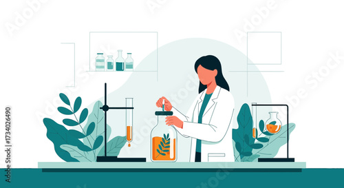 Illustration of a scientist working with plants in a laboratory environment or research facility