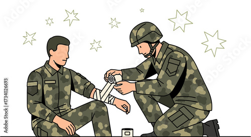 Illustration of a soldier providing first aid to a comrade injured in combat during war