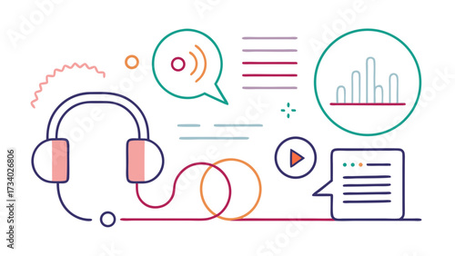 A colorful drawing of a person wearing headphones and a microphone. The drawing is of a person listening to music or recording a podcast