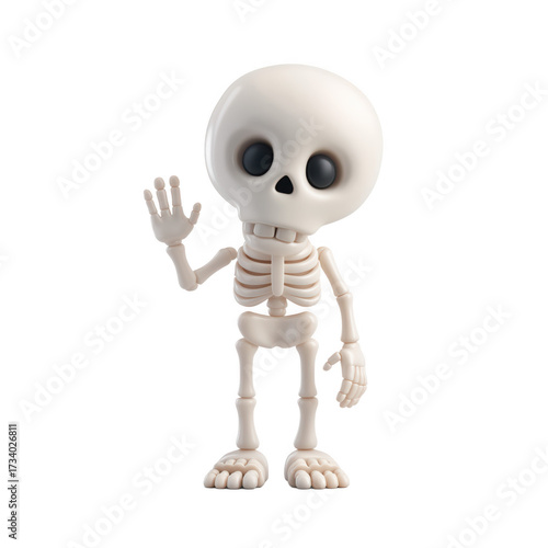 Cute 3D cartoon skeleton character waving hand in a friendly gesture, ideal for Halloween greetings or medical concepts on a black background.