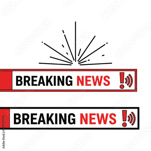 Breaking news alert graphic with red and white text, exclamation mark, and sound waves.