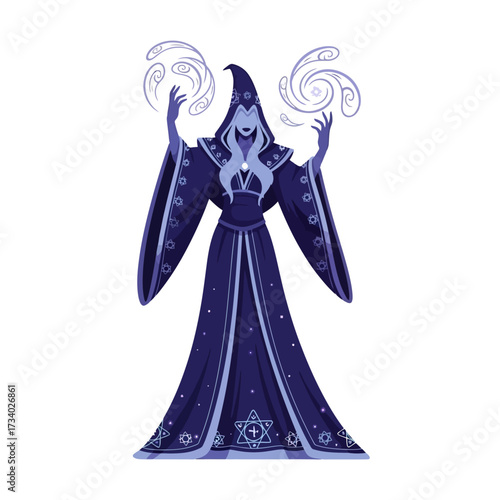 A powerful sorceress in a dark hooded robe casting swirling magical spells with her hands.