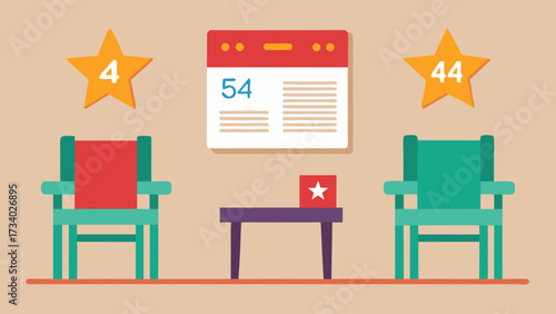 A room with two green chairs and a table with a star on it. The chairs are facing each other and the table is in the middle