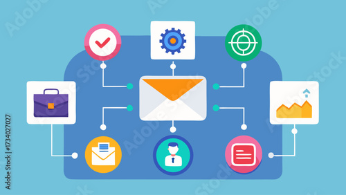 A colorful image of a computer screen with a lot of icons and buttons. The image is titled "Email" and is meant to represent the idea of communication and organization. Scene is cheerful and playful