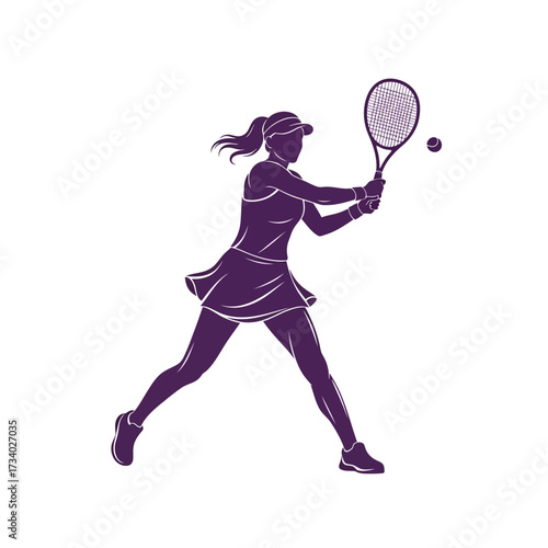 Silhouette of a female tennis player hitting a ball with a racket.