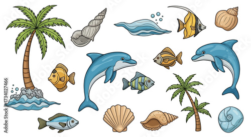 Cartoon Ocean Life with Dolphins, Palm Trees, and Seashells Colorful Seamless Pattern Summer