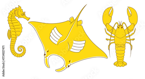 Golden sea creatures trio showcasing seahorse, manta ray, and lobster illustration