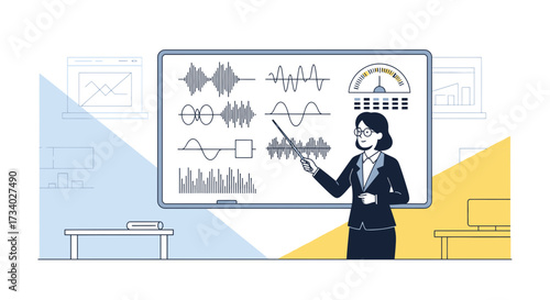 Illustration of a teacher explaining signal processing concepts using waveforms on a whiteboard