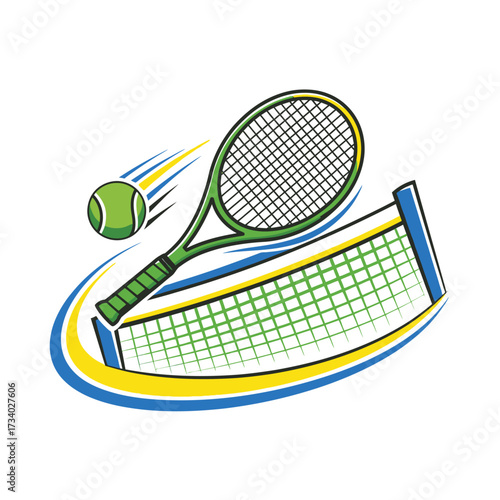 Vibrant illustration of a tennis racket, ball, and net with dynamic motion lines, representing the sport of tennis.