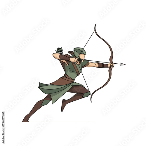 An archer in a green outfit is running while aiming his bow and arrow.