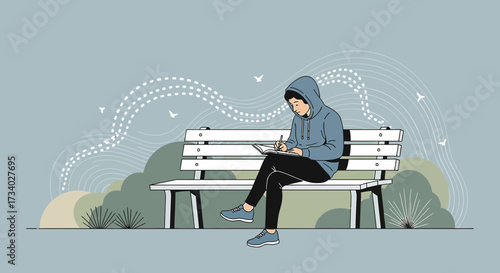 Illustration of a thoughtful person writing in a notebook while sitting on a park bench outdoors