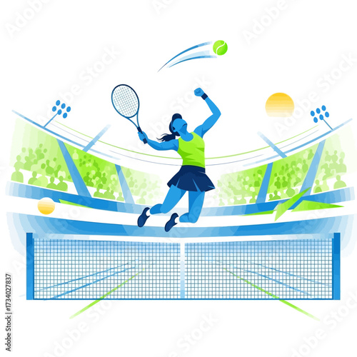 Tennis player serving the ball in a stadium.
