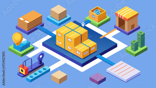 A blue and white image of a city with a lot of boxes and trucks. The boxes are stacked and the trucks are moving around them. Scene is busy and bustling
