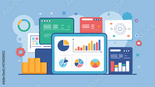 A colorful image of a computer screen with many different graphs and charts. Concept of data visualization and the importance of understanding and interpreting data