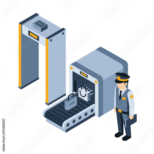 Isometric illustration of an airport security checkpoint with a guard, metal detector, and baggage scanner on a white background.