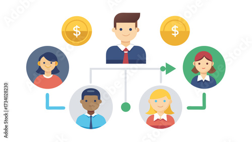 A man is at the center of a group of people, with a dollar sign above him. The people around him are smiling and seem to be happy. Concept of community and positivity