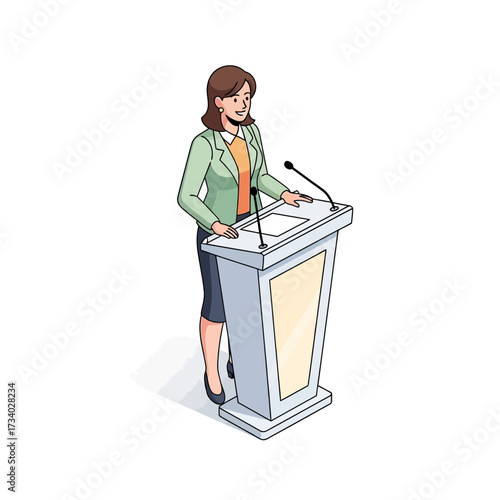 A woman in a suit stands behind a podium with microphones, ready to give a speech.