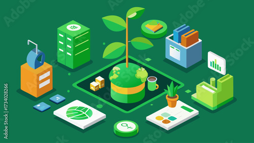 A green plant is growing in the middle of a cityscape. The cityscape is filled with buildings, and there are several books scattered around. Concept of growth and progress