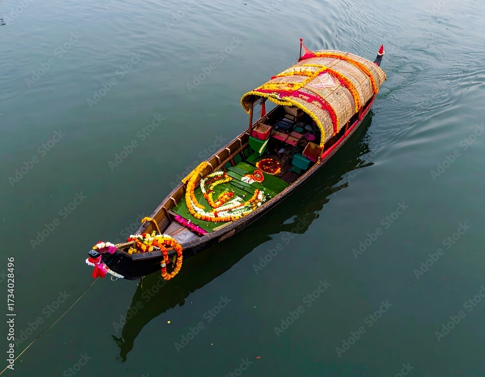 Obraz premium Ornate Traditional Boat Floating on Calm Water Surface