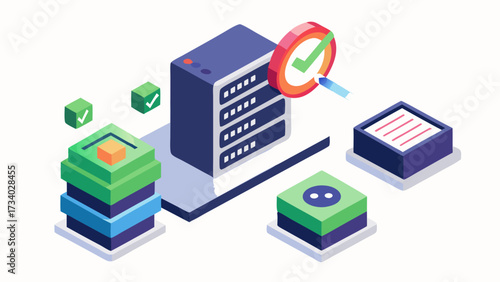 A computer monitor shows a server with a red check mark on it. The server is surrounded by several boxes, some of which are green. Concept of a computer system that is functioning properly